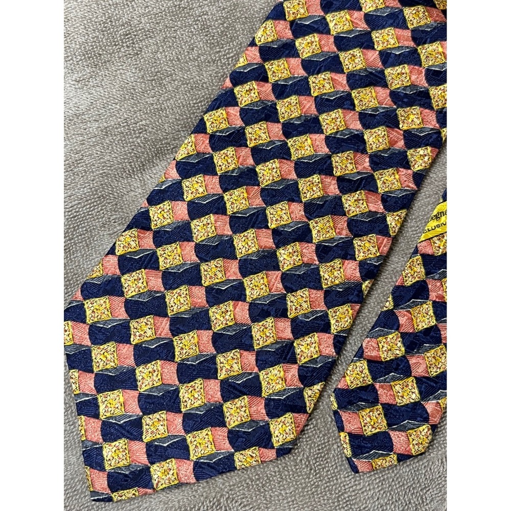 Ermenegildo Zegna Silk Tie Navy Blue Coral Yellow Geometric Disegno‎ Esclusivo
